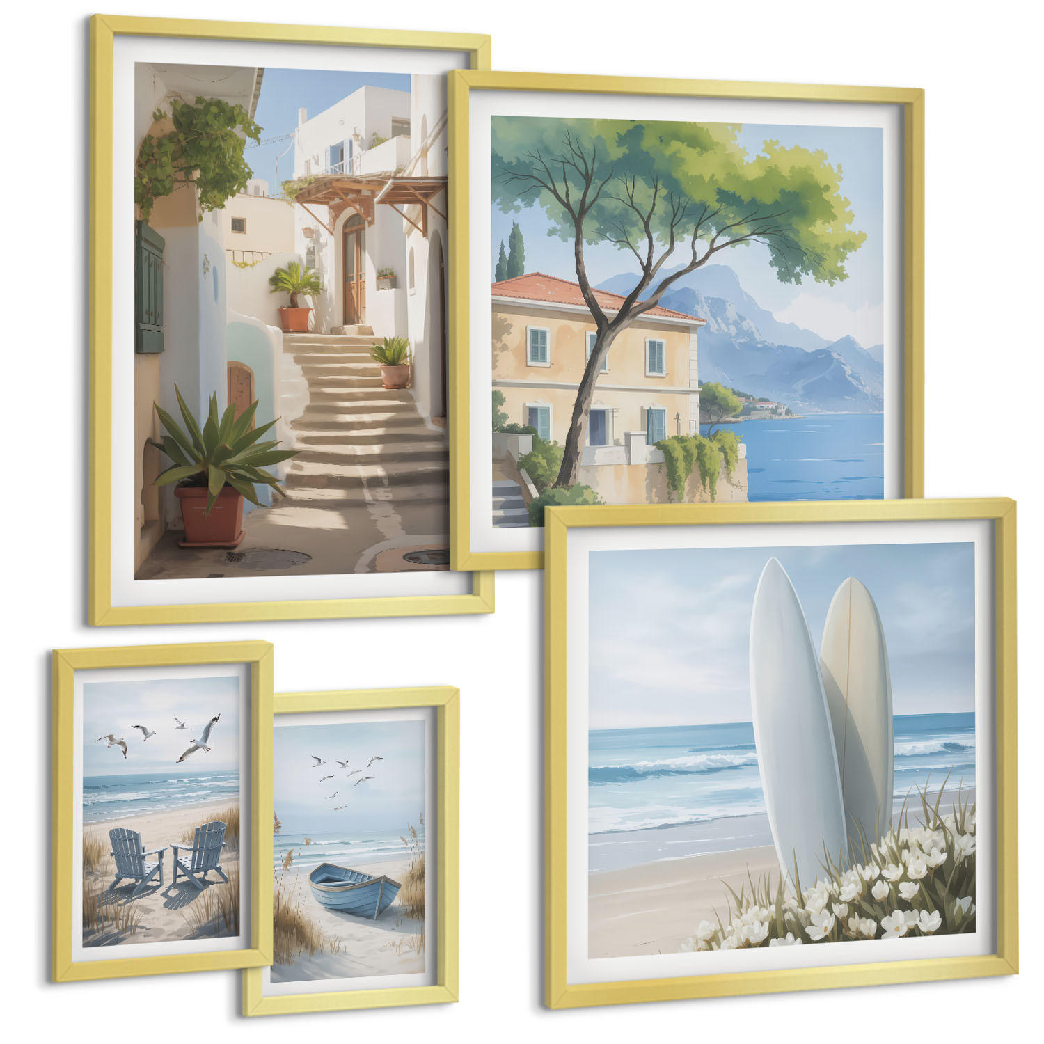 BILDER SET 5er Set - 50x50 cm & 20x30 cm & 40x60 cm Goldrahmen - Straßenblumen, Fahrrad bemalt - Goldfarben, Kunststoff (40/60cm) - TULUP