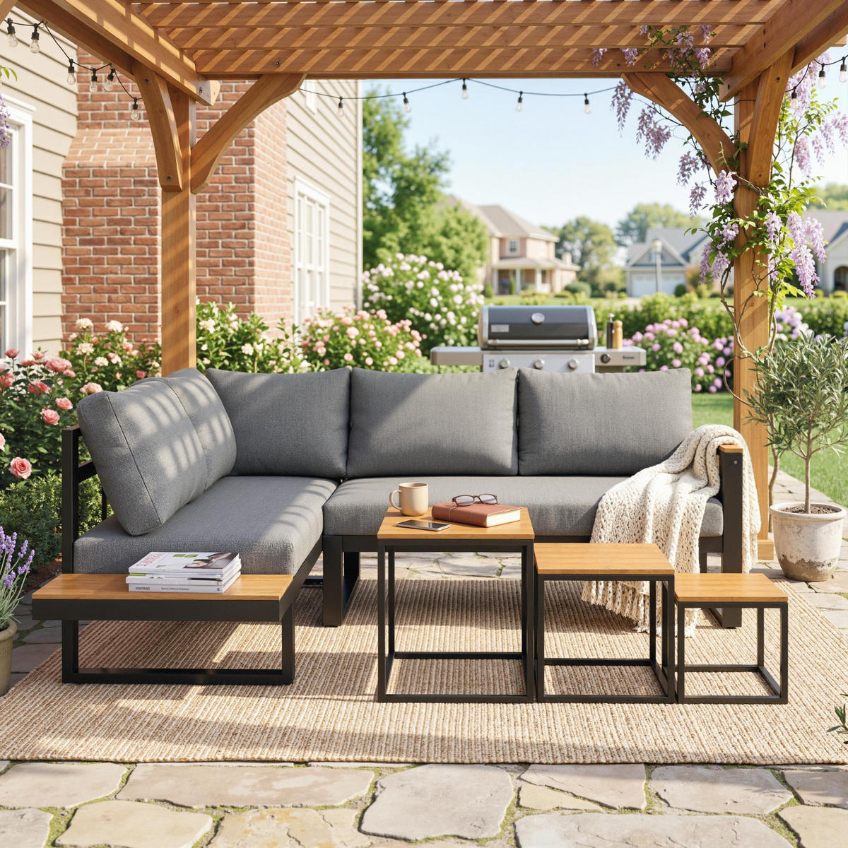 GARTENMÖBEL-SET, mit Ecksofa, Couchtisch, mit Sitzkissen, Aluminium, Kunststoff, Grau - Dunkelgrau, Metall - Outsunny