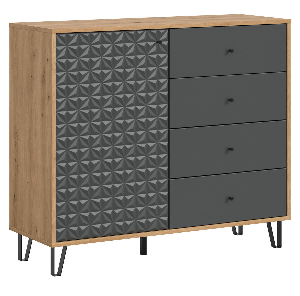 KOMMODE grau, Eiche Artisan 110 x 96 cm, Sideboard mit 3D-Struktur - Schwarz/Eiche Artisan, Holzwerkstoff/Kunststoff (110/96/40cm) - Inn.Furn