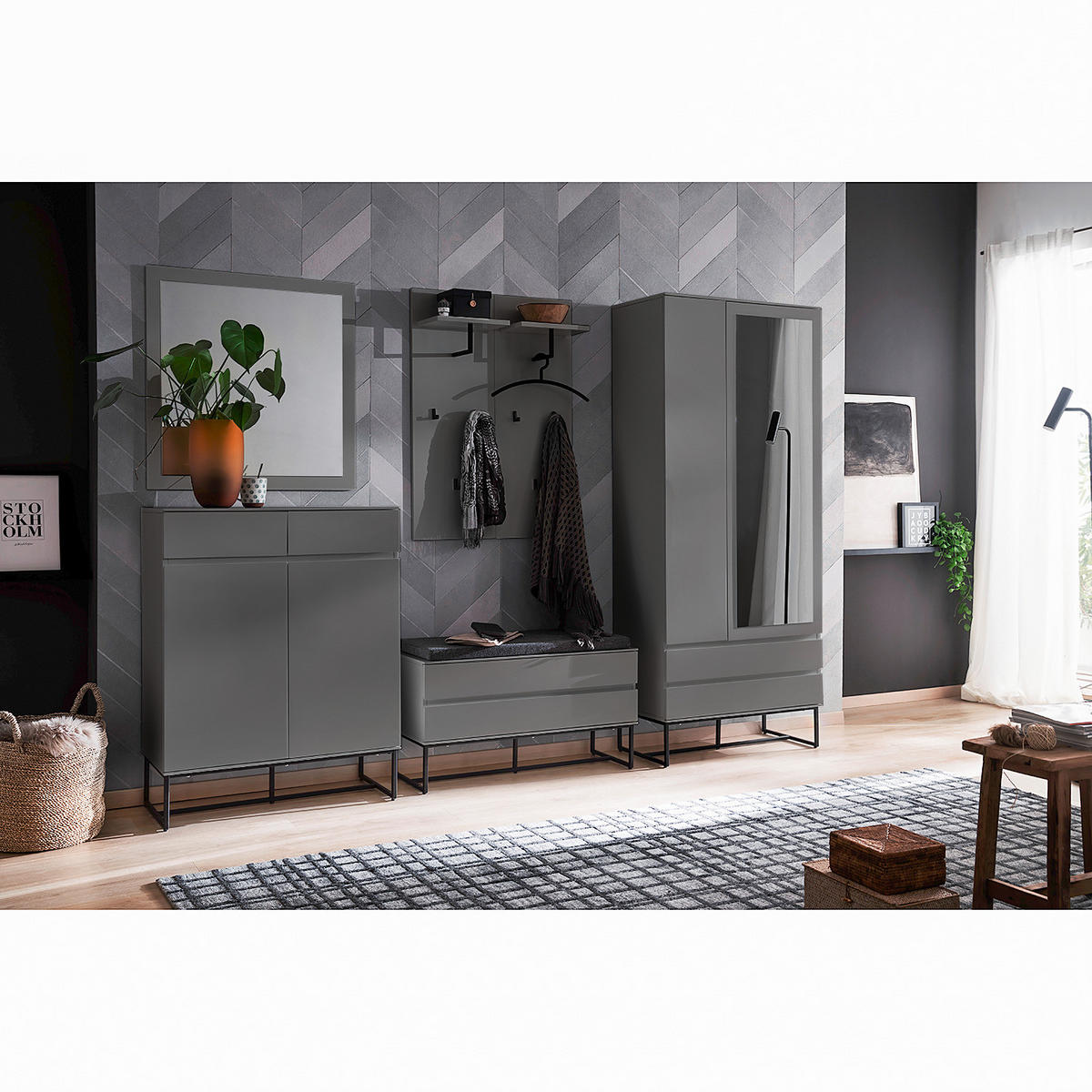 GARDEROBENBANK - Dunkelgrau/Schwarz, Holzwerkstoff/Metall (90/48/35cm) - home24
