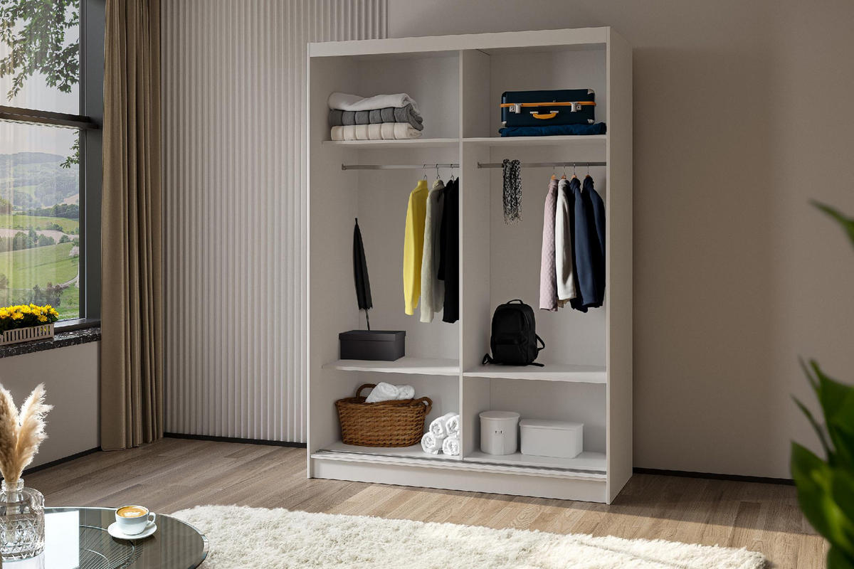 SCHWEBETÜRENSCHRANK Neli 150 cm mit Lamellen und Spiegel 2-türig, weiß, weiß, Lamelle schwarz - Schwarz/Weiß, Kunststoff (150/216/61cm) - Margaret Hadas24