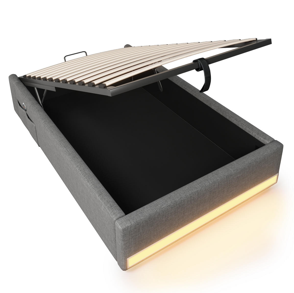 POLSTERBETT aus Leinen 90x200 cm Grau mit LED-Leiste, USB-C und hydraulischem Stauraum - Grau, Textil (90/200cm) - IVMEU