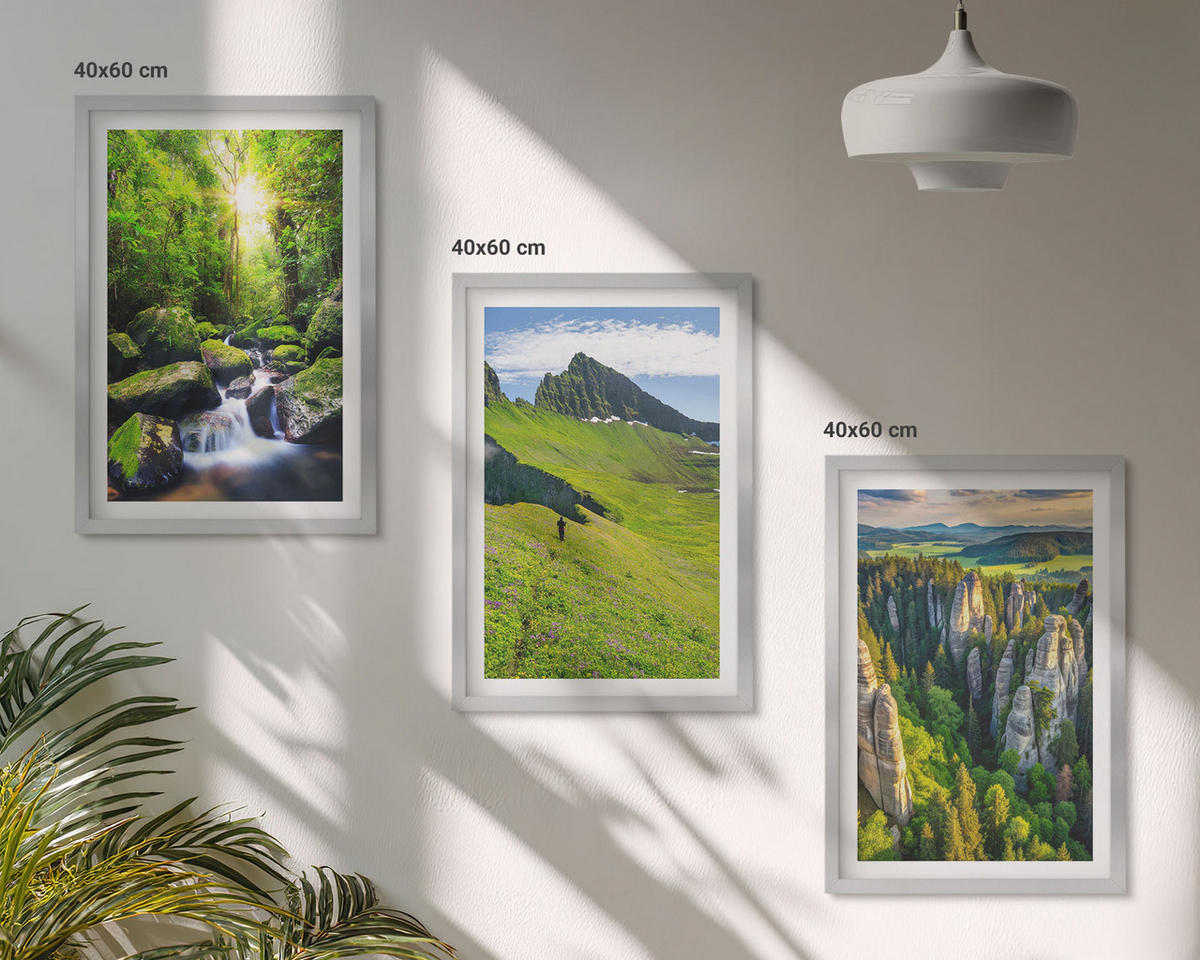 BILDER SET 3er Set - 40x60 cm Silberner Rahmen - Grüne Berge Wasserfallwald - Silberfarben, Kunststoff (40/60cm) - TULUP