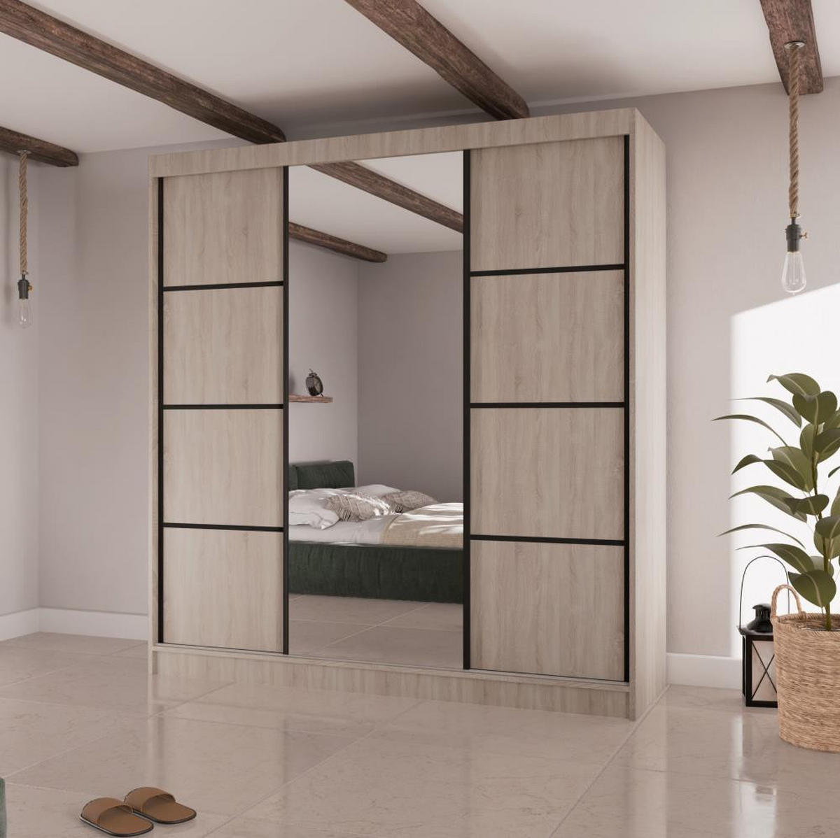 SCHWEBETÜRENSCHRANK Vilo II 200/61/215 eiche sonoma+schwarz - Schwarz/Sonoma Eiche, Holzwerkstoff (200/215/61cm) - Beautysofa