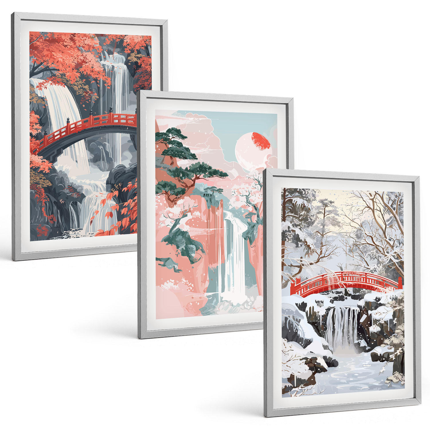 BILDER SET 3er Set - 40x60 cm Silberner Rahmen - Wasserfälle der Jahreszeiten - Silberfarben, Kunststoff (40/60cm) - TULUP