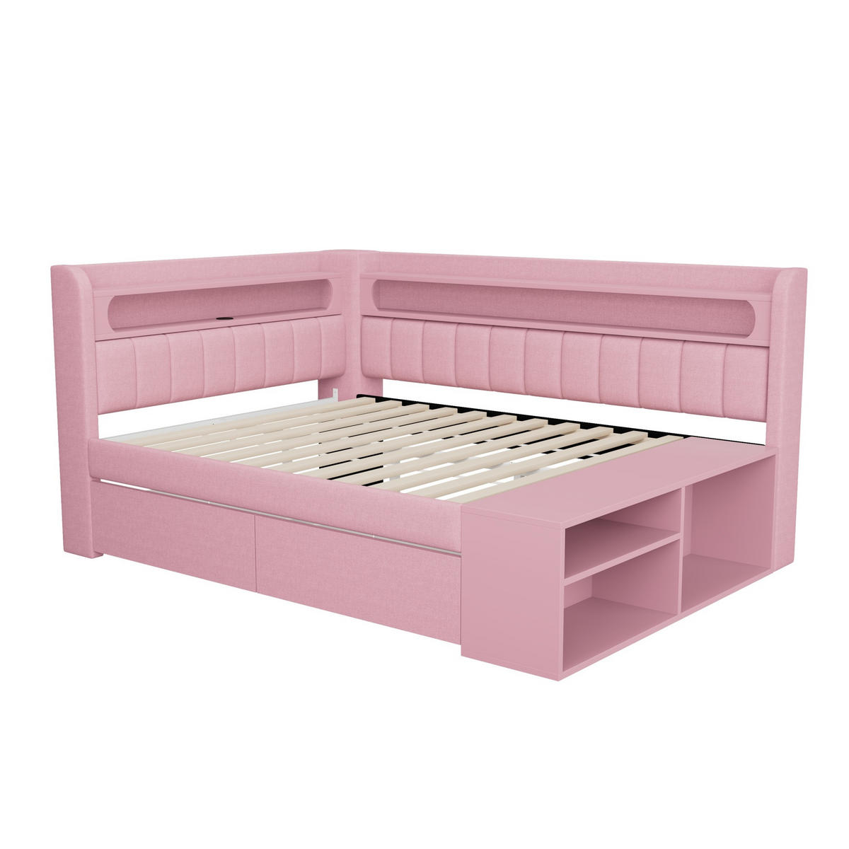 GEPOLSTERTES Schlafsofa 90/200 cm mit LED-Beleuchtung, USB-Anschluss, 2 Schubladen und Schuhschrank, Rosa - Weiß, Holzwerkstoff (104/91.5/212.5cm) - Redom