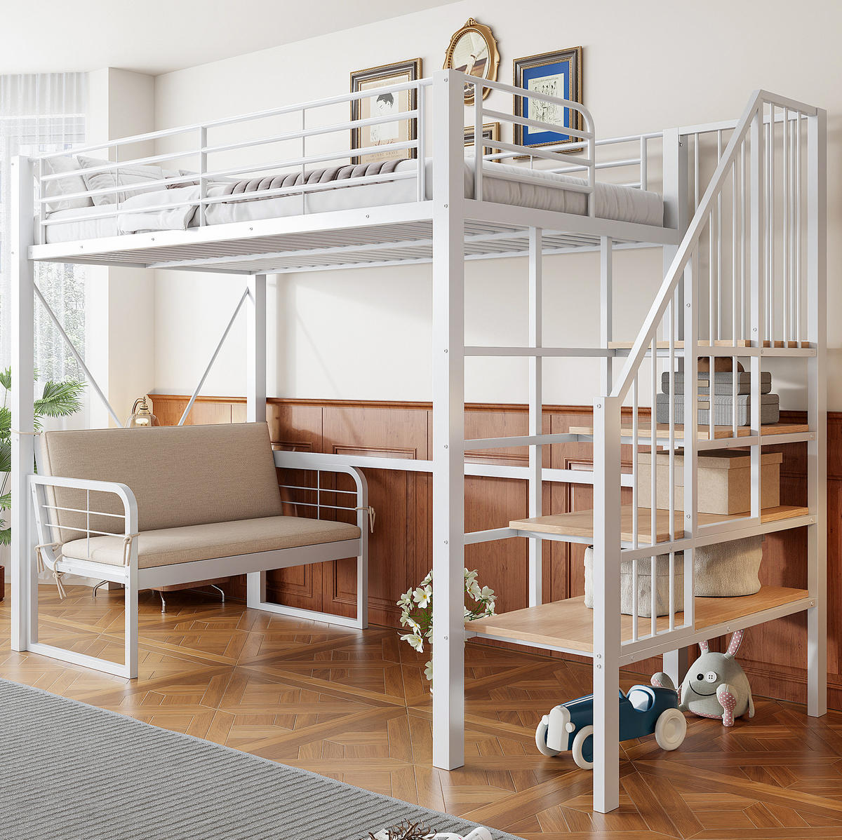 HOCHBETT 90/200 cm aus Metall und MDF mit abnehmbarem Polstersofa und Stauraumtreppe Weiß - Weiß, Metall (90/200cm) - Modenvie