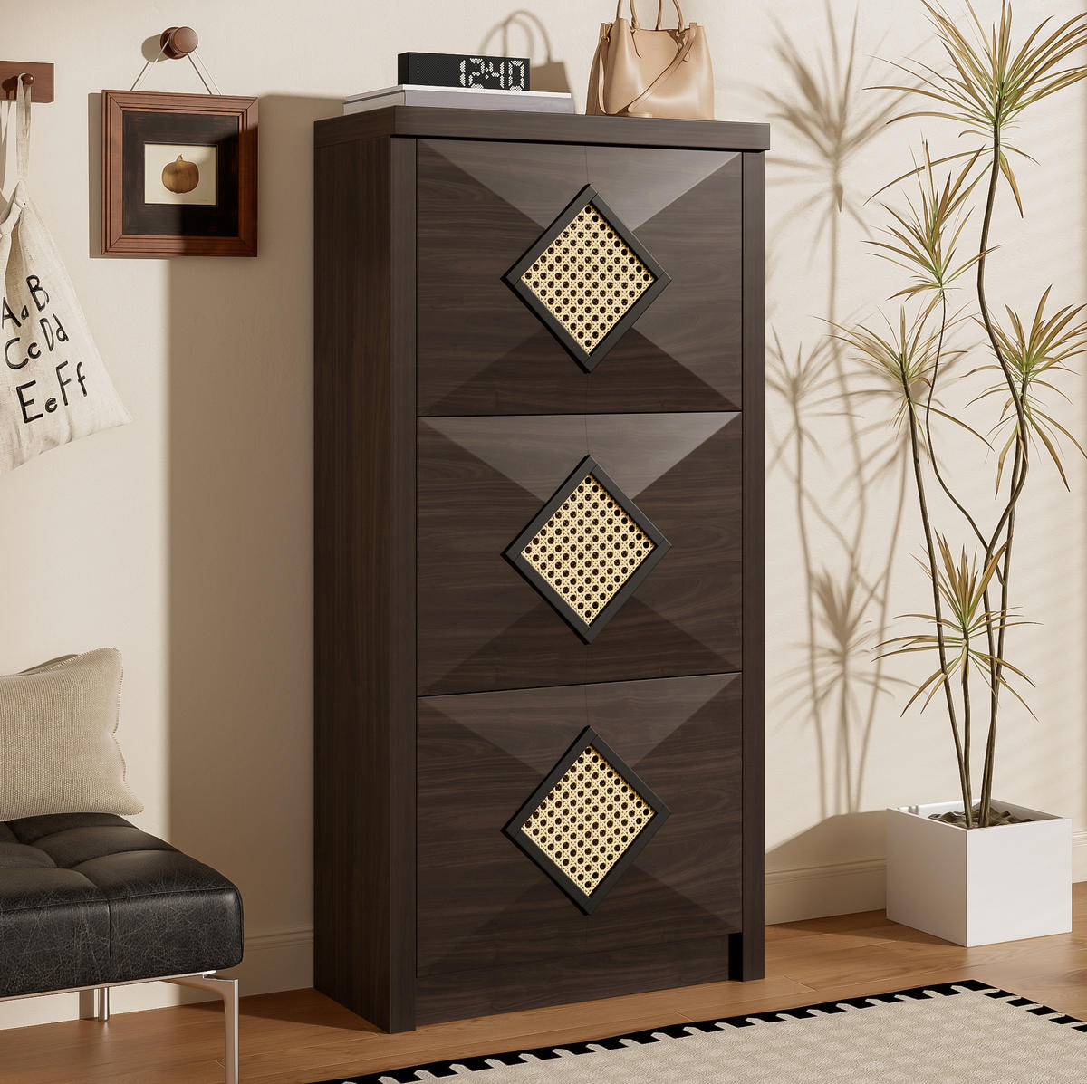 SCHUHSCHRANK 54/25/115 cm mit 3 Klappfächern und Rattan-Dekor aus Spanplatte, Dunkelbraun in Holzoptik - Naturfarben, Holzwerkstoff (54/115/25cm) - Redom