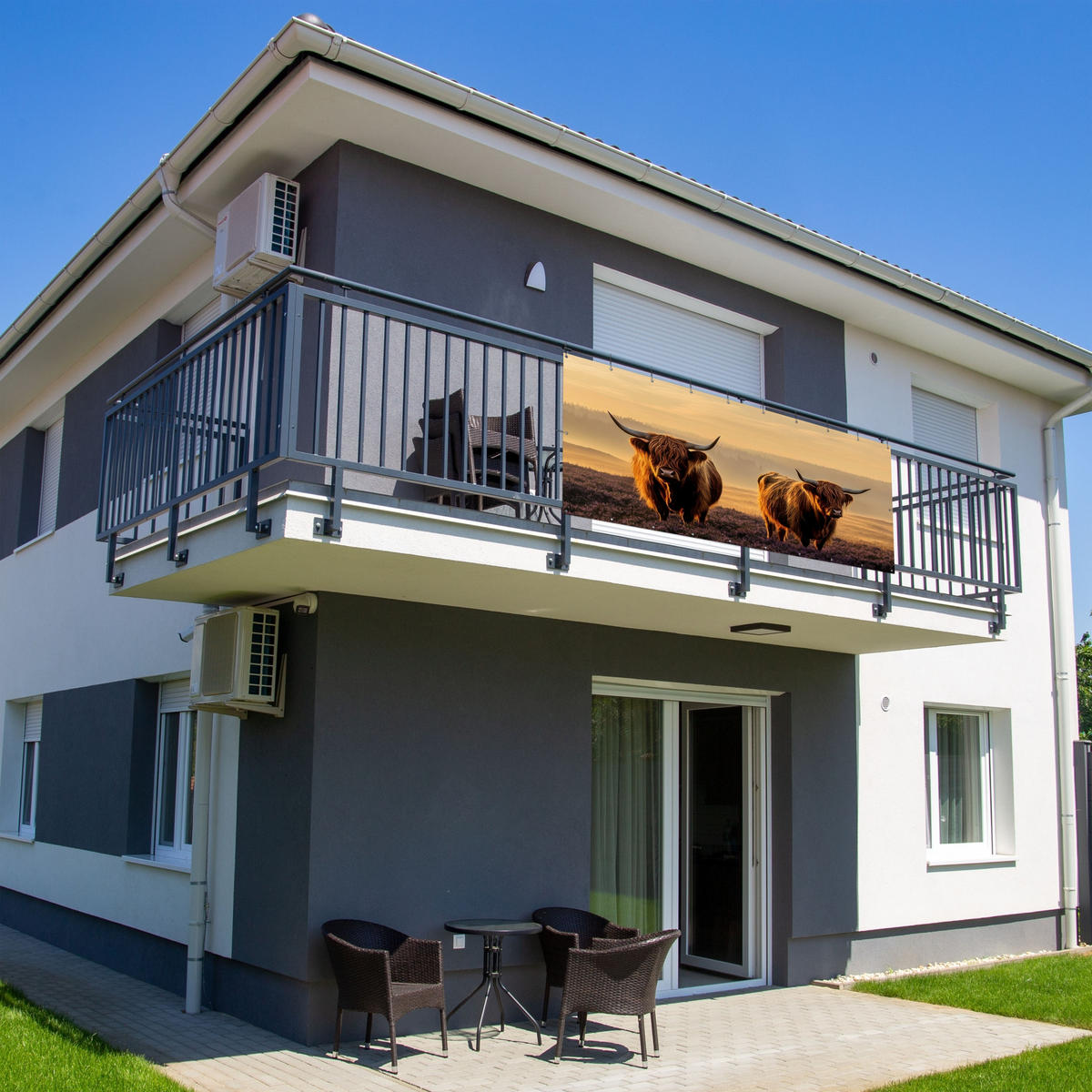 BALKON-SICHTSCHUTZ Schottische Hochlandbewohner - Heide - Landschaft - Tiere - Cognac, Kunststoff (300/120cm) - MuchoWow