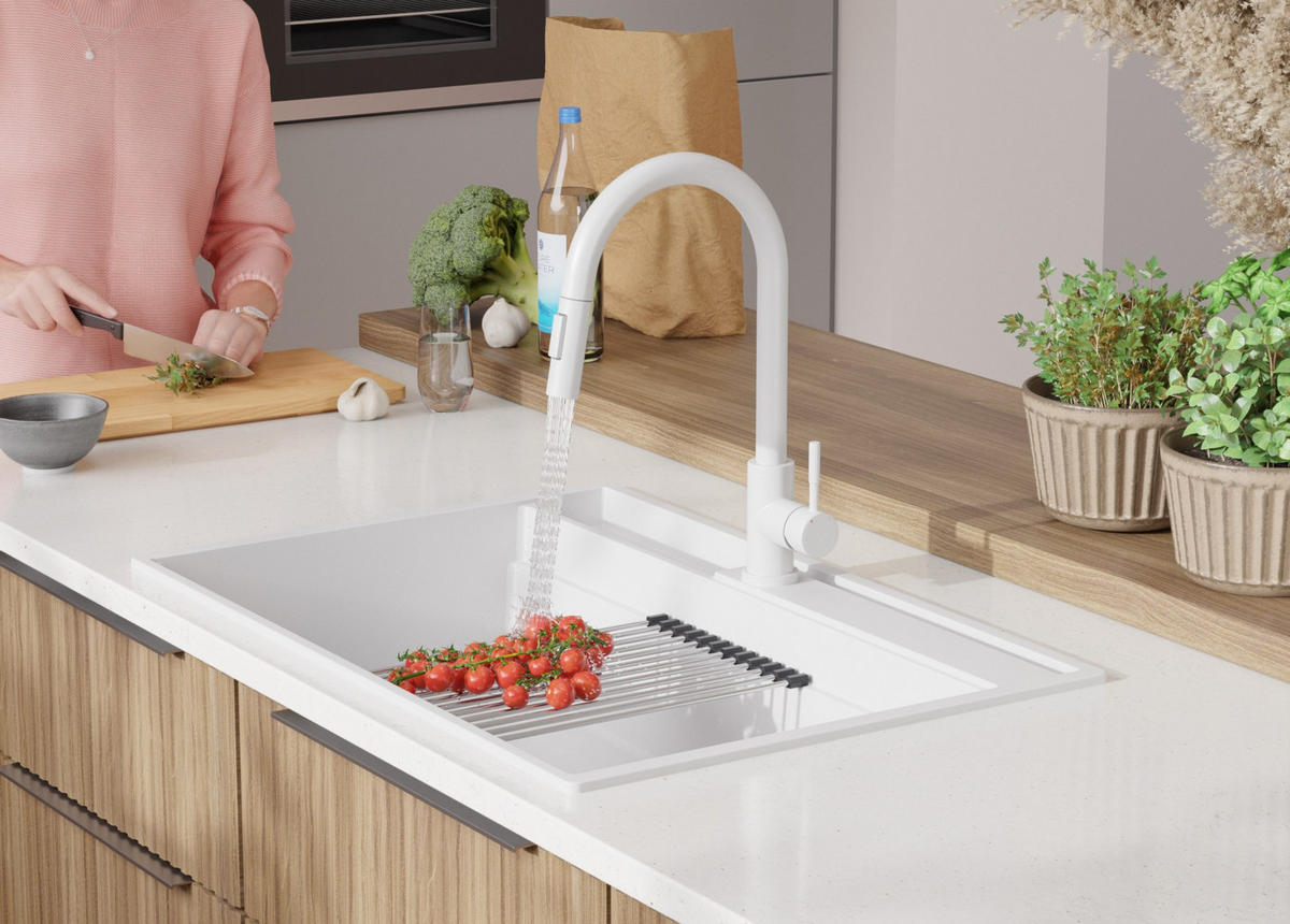 GRANITSPÜLE Oslo Pocket, 2-er set Weiß 78/53 cm 1 Becken + Küchenarmatur 40/20 cm + Ablauf-Set + Küchenzubehörset ab 80er Unterschrank - Chromfarben/Beige, Kunststoff (78/20/53cm) - Primagran