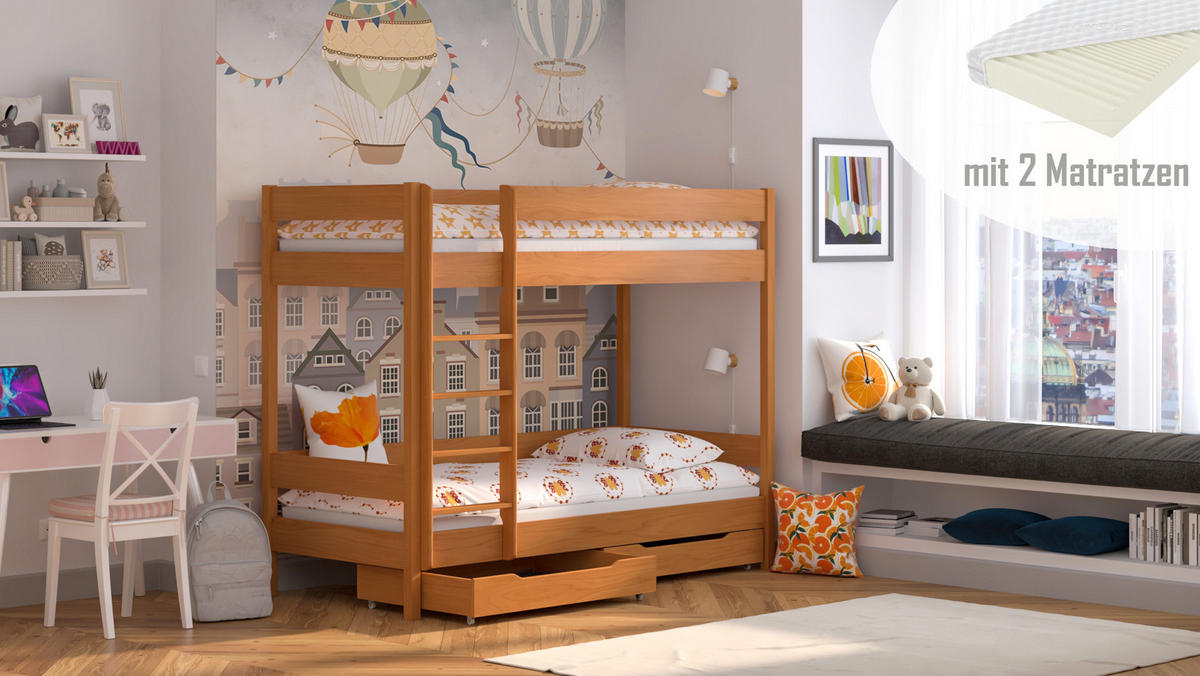 ETAGENBETT Diego 160x80 teak mit Schubladen und Matratzen - Braun, Holzwerkstoff (80/160cm)