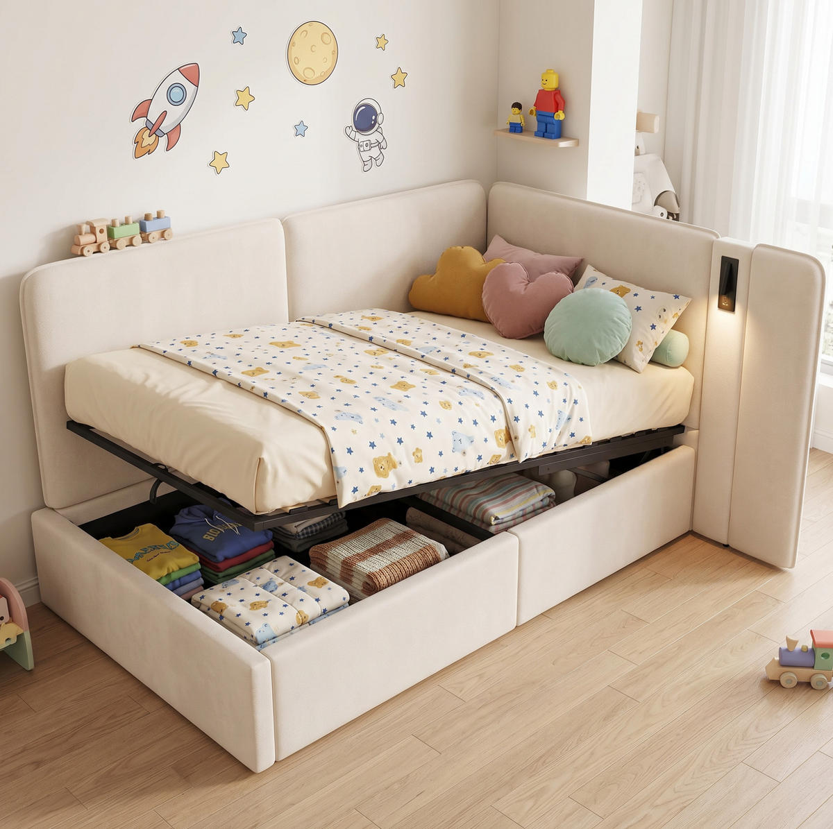 TAGESBETT 90/200 cm aus Samt mit hydraulischem Stauraum, USB-C-Anschluss und Leselampe Beige - Beige, Textil (90/200cm) - Modenvie