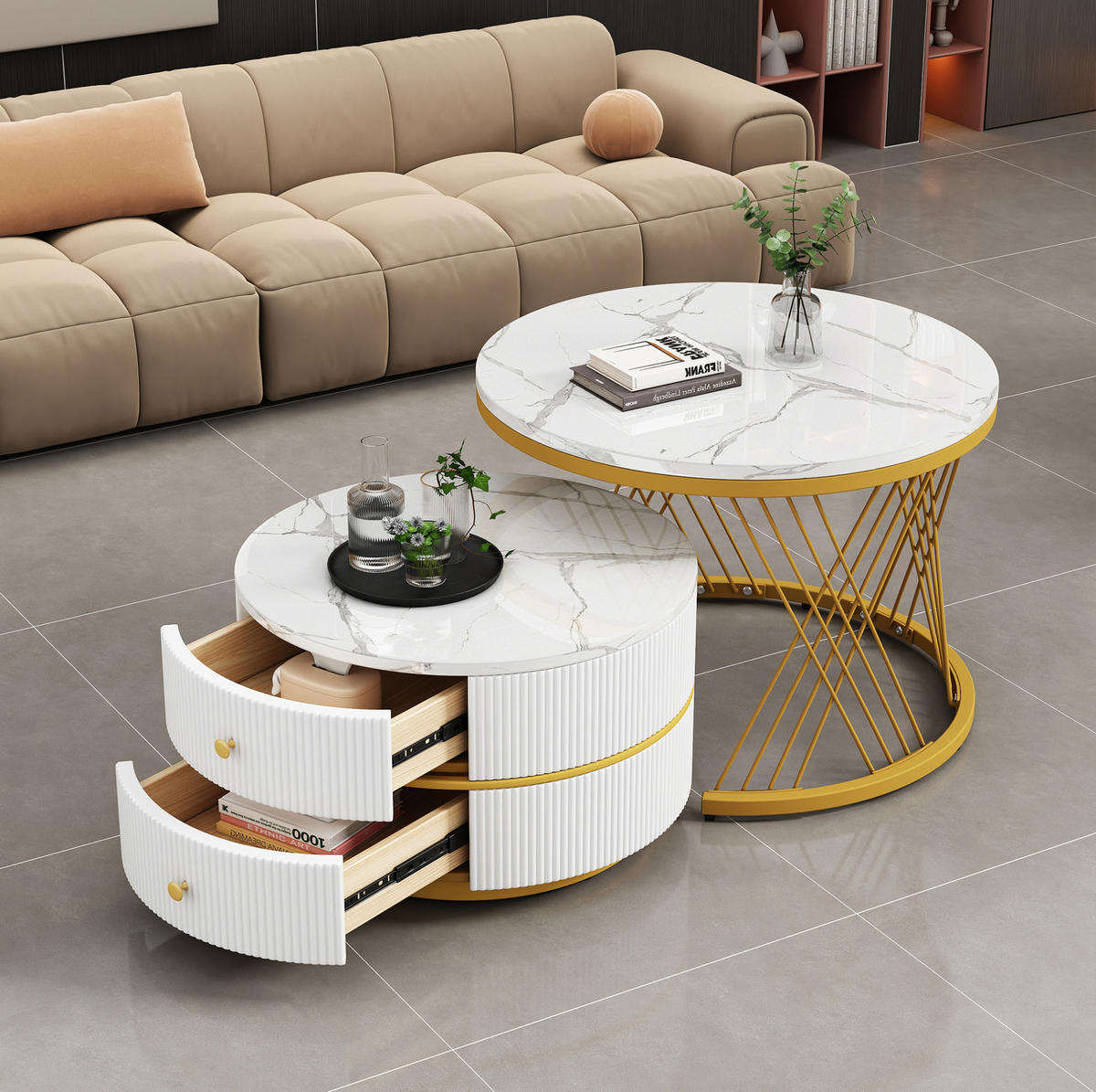 COUCHTISCH-SET aus MDF 60x60x46 cm & 50x50x30,8 cm Weiß mit 2 Schubladen und hochglänzender Marmoroptik - Weiß, Holzwerkstoff (60/60/46cm) - Modfu