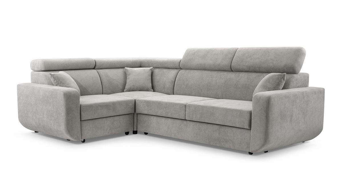 ECKSOFA RENO Grau Plüsch-Stoff mit Schlaffunktion - Grau, Holz (263/184cm) - MASSENO