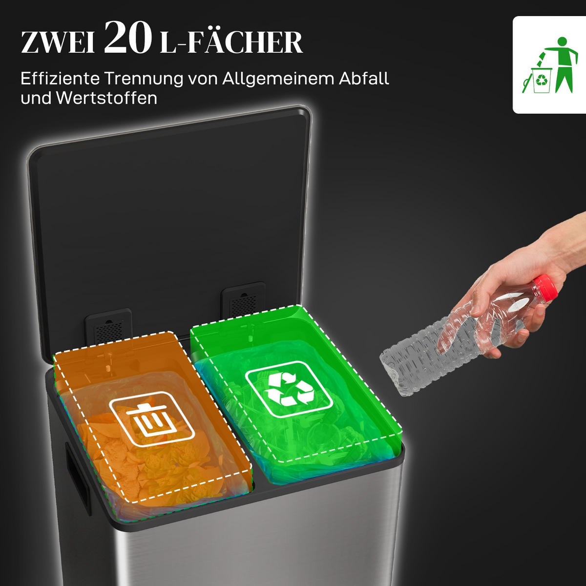 MÜLLEIMER MÜLLTRENNUNG 2X20L 41,8/36,7/58 cm Edelstahl Silber Tretmülleimer Küche - Silberfarben, Metall (36.7/58/41.8cm) - Rolipo