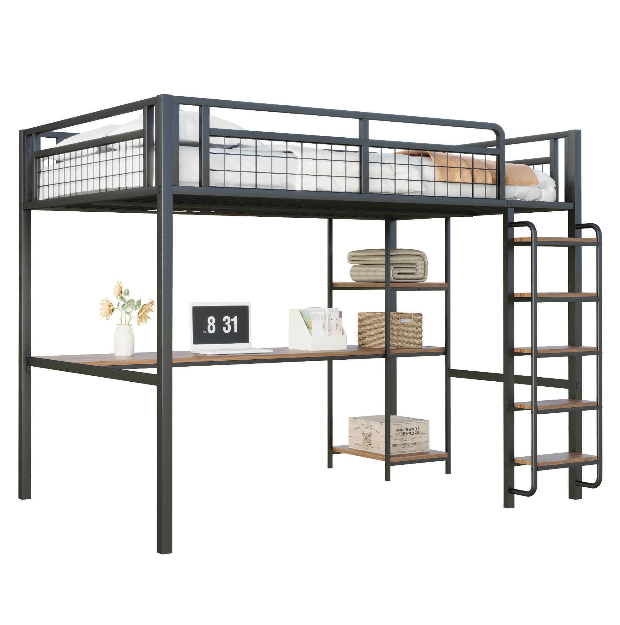 HOCHBETT 140/200 cm mit Schreibtisch, Regal und Sicherheitsleiter aus Metall, Schwarz - Schwarz, Metall (140/200cm) - Redom