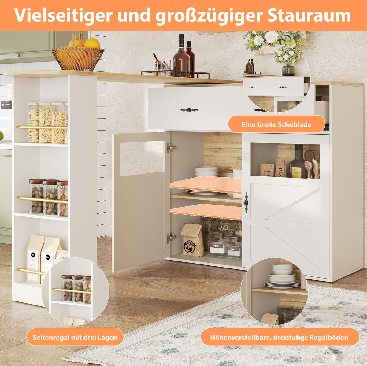 BARTISCH 138-204/39/104 cm in Weiß mit Drehfunktion und Stauraum - Weiß, Holzwerkstoff (39/204/104cm) - BEAOK