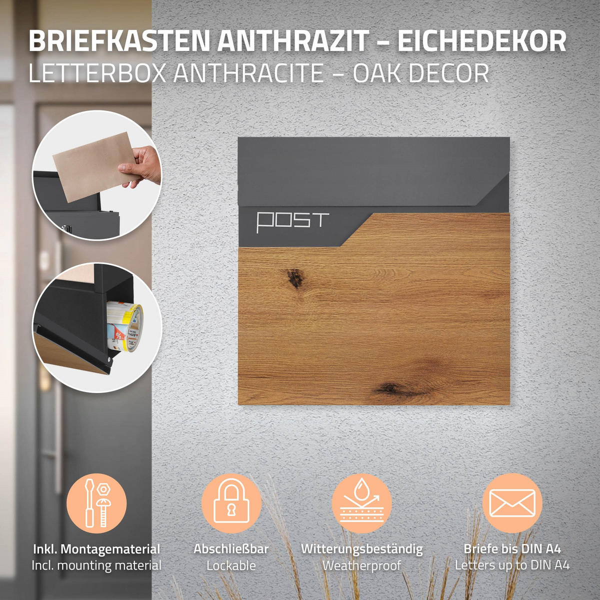BRIEFKASTEN Anthrazit-Holzoptik mit bepflanzbarem Ständer - Anthrazit, Metall (120cm) - ML-DESIGN