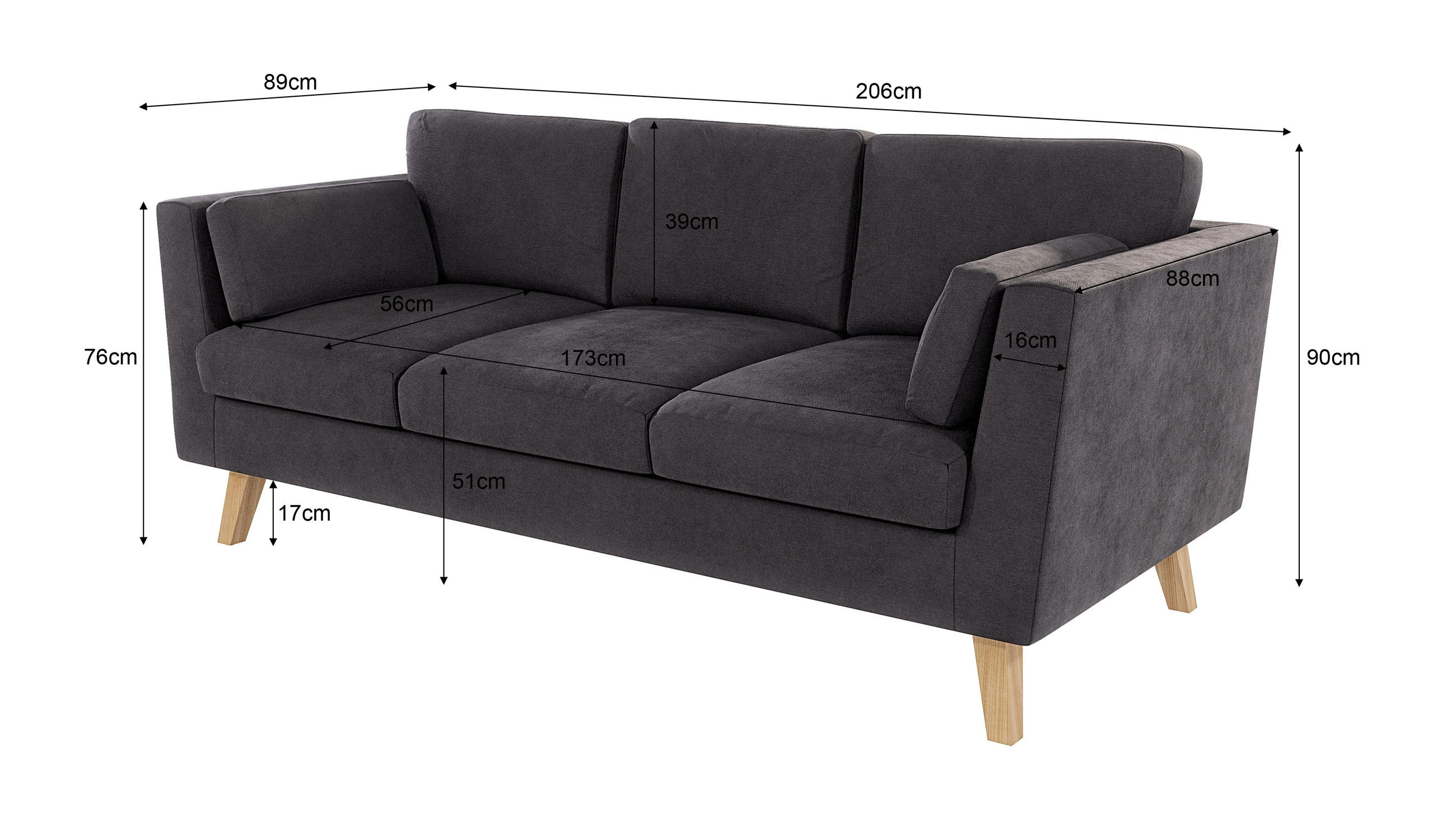 Thumbnail - S-Style Möbel 3-Sitzer-Sofa, Graphit, Textil, Echtholz,Buche, Birke, Füllung: Silikon,Silikon,Schaumstoff, 206x90x89 cm,...