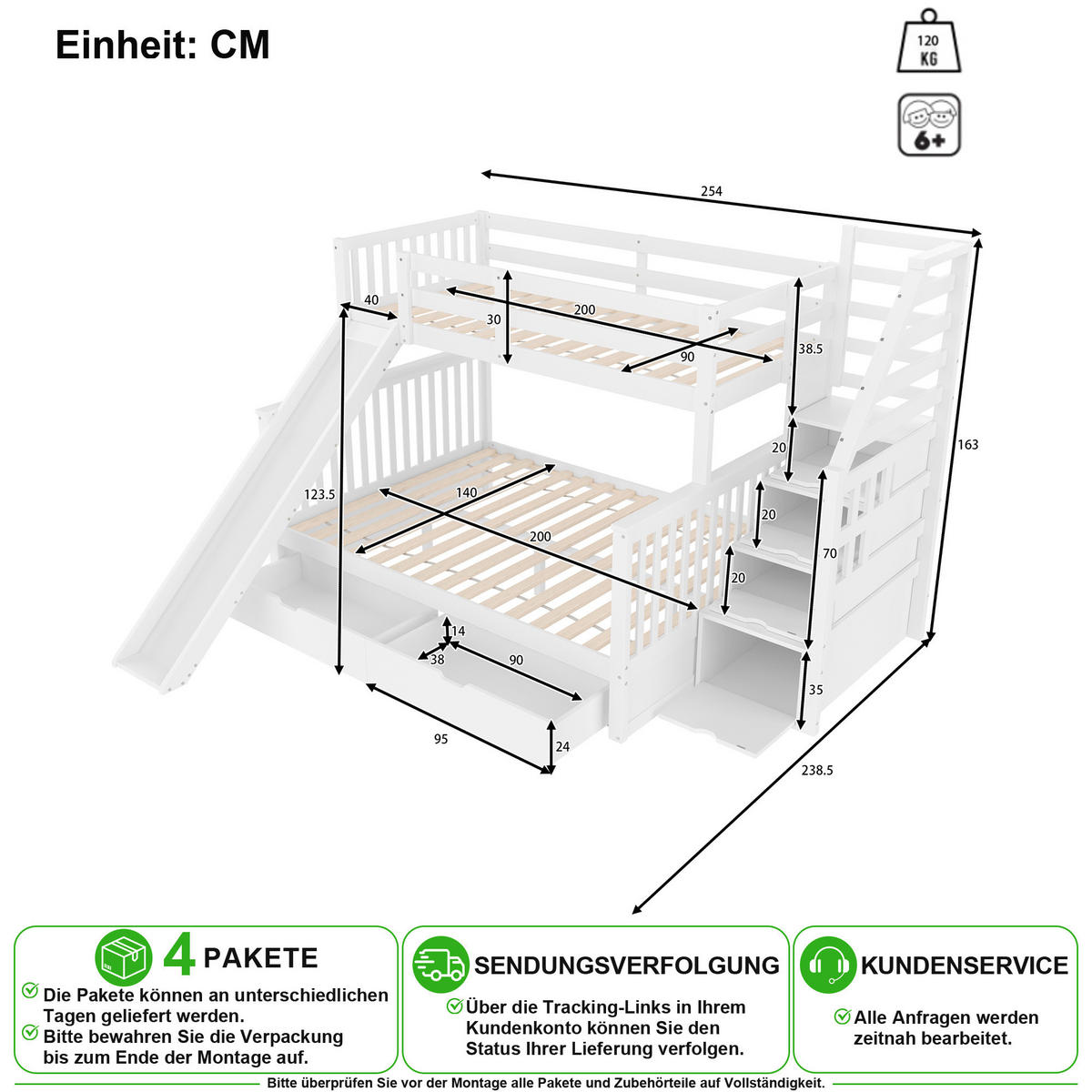 ETAGENBETT 90/200 cm & 140/200 cm in Antikweiß mit 2 Schubladen, Stauraum und Rutsche - Weiß, Holz/Holzwerkstoff (90/200cm) - CHICFURN