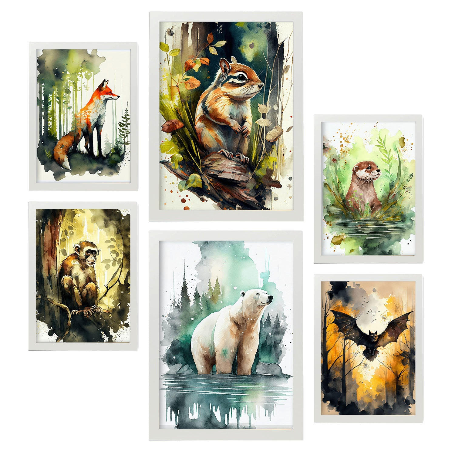 POSTER Set Mit 6 Lebensräume Illustrationen Von Tieren In Naturlandschaften, Realistischer Aquarellstil Innenarchitektur A3 & A4 Weißer Rahmen - Weiß, Papier (29/3cm) - Nacnic