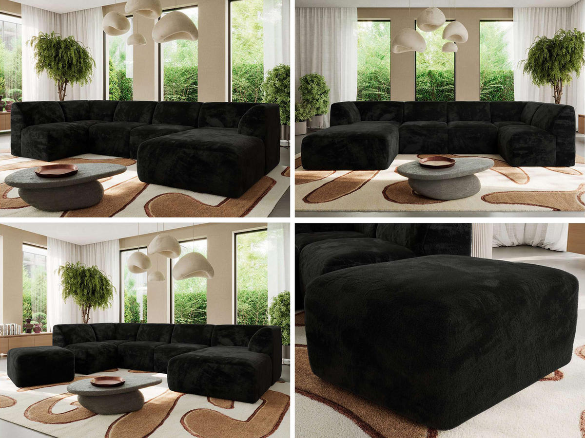 WOHNLANDSCHAFT MODARO U 6M - Schwarz Plüsch - Rechts - Schwarz, Textil (345/78/180cm) - MKS