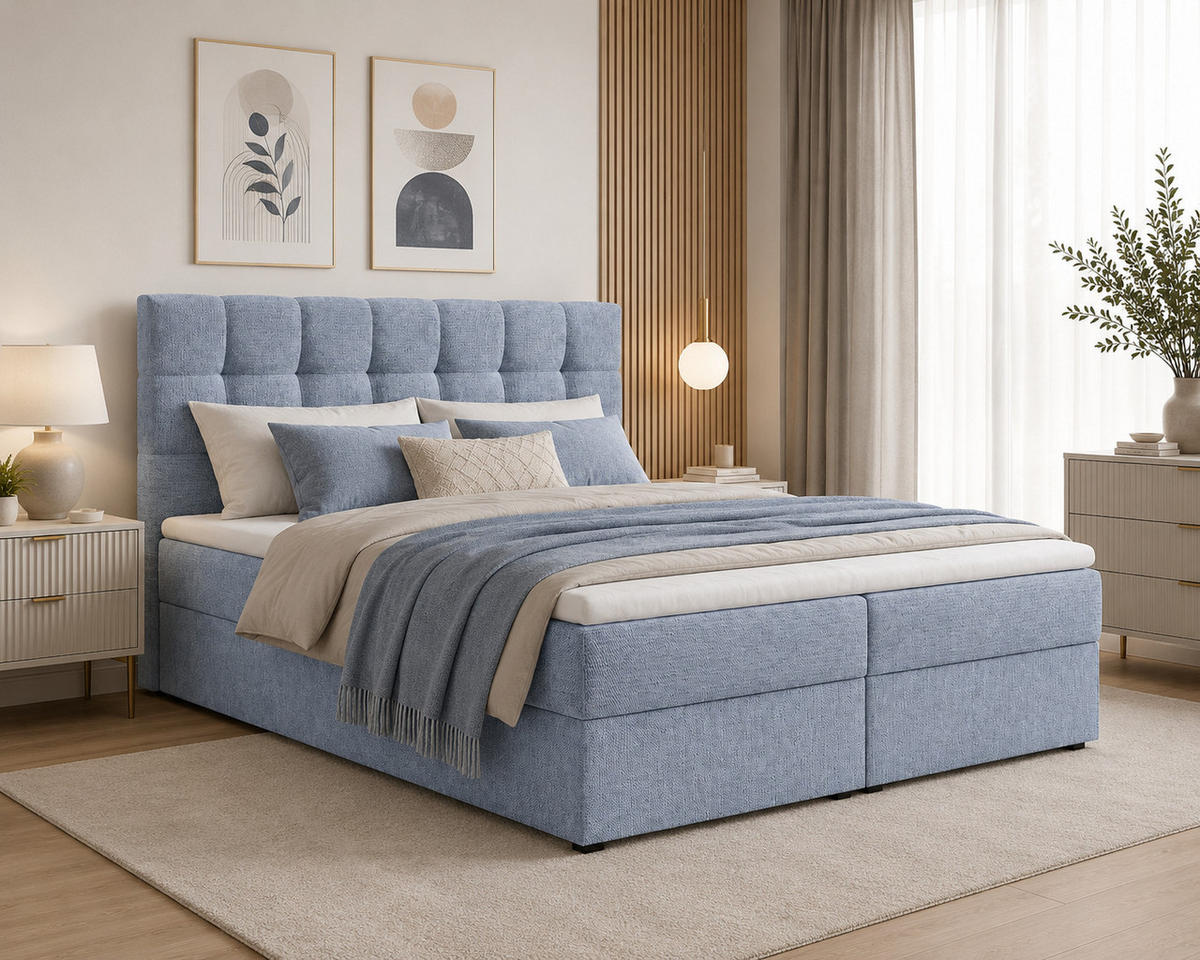 BOXBETT - Bett 05 OSLO - Aragon - 140x200 cm - mit Bettkasten und Komfort-Topper - Blau, Holz (140/200cm) - ROYAL24_MARKT