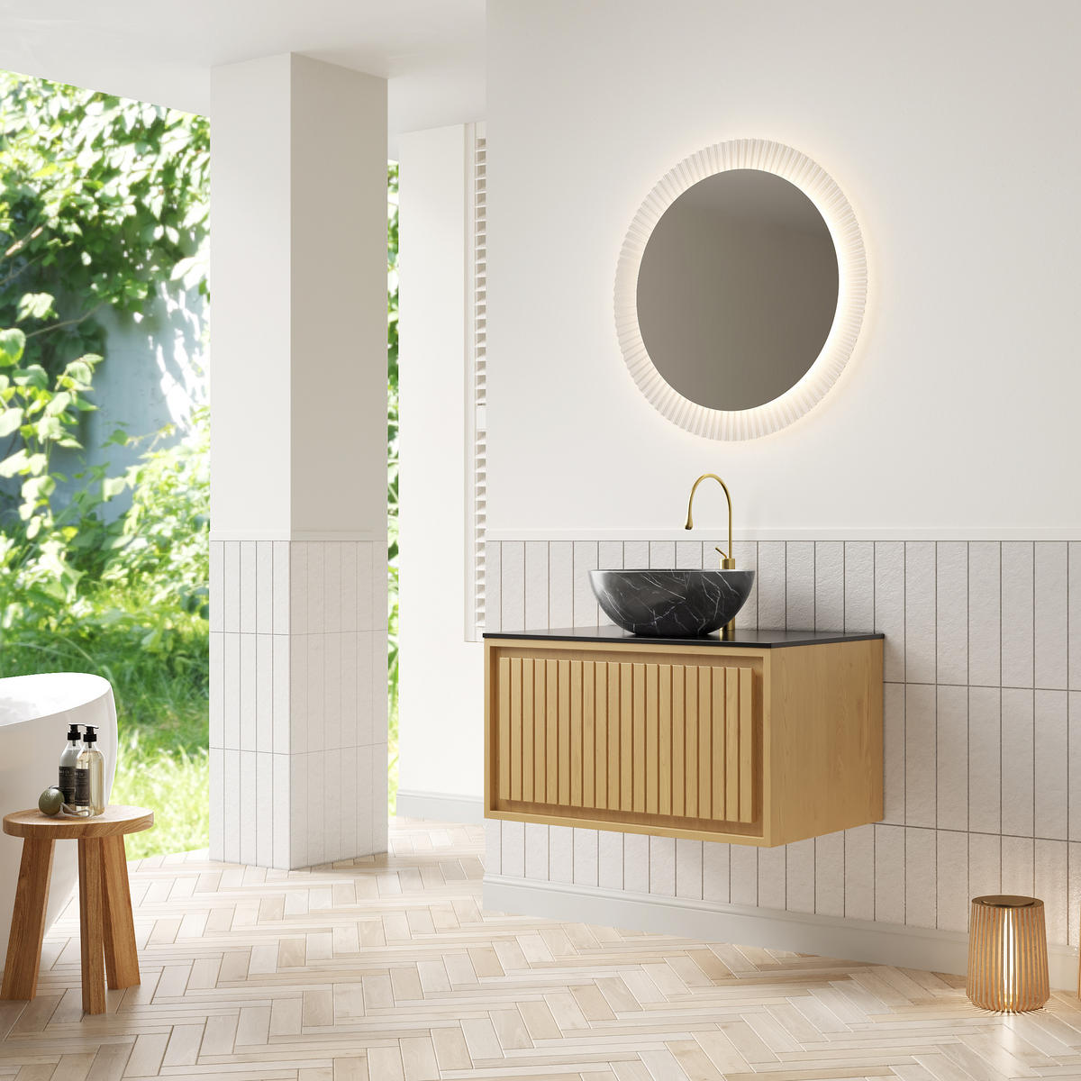 WASCHTISCHKOMBI 76x48x55.1cm Schwarz/Gold mit Sinterstein-Arbeitsplatte & Aufsatzbecken - Goldfarben, Keramik (76/55.1/48cm) - Modfu