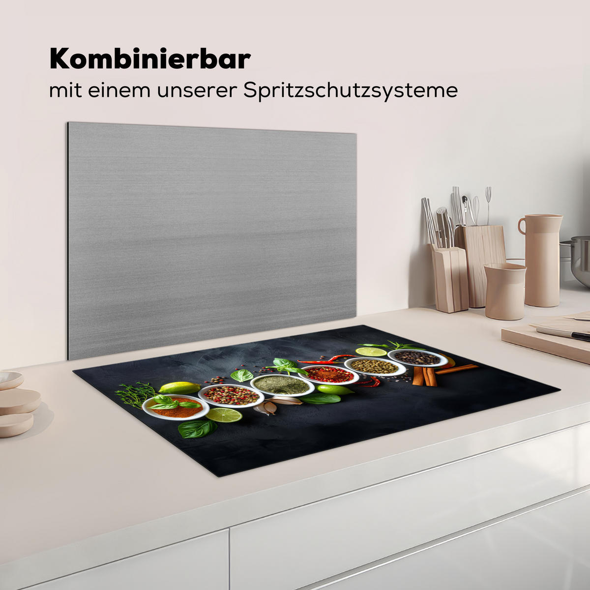 HERDABDECKPLATTE Kräuter - Gewürze - Konkrete Optik - Stilleben Ceranfeldabdeckung 78x52 cm - Multicolor, Kunststoff (78/52/0.2cm) - MuchoWow