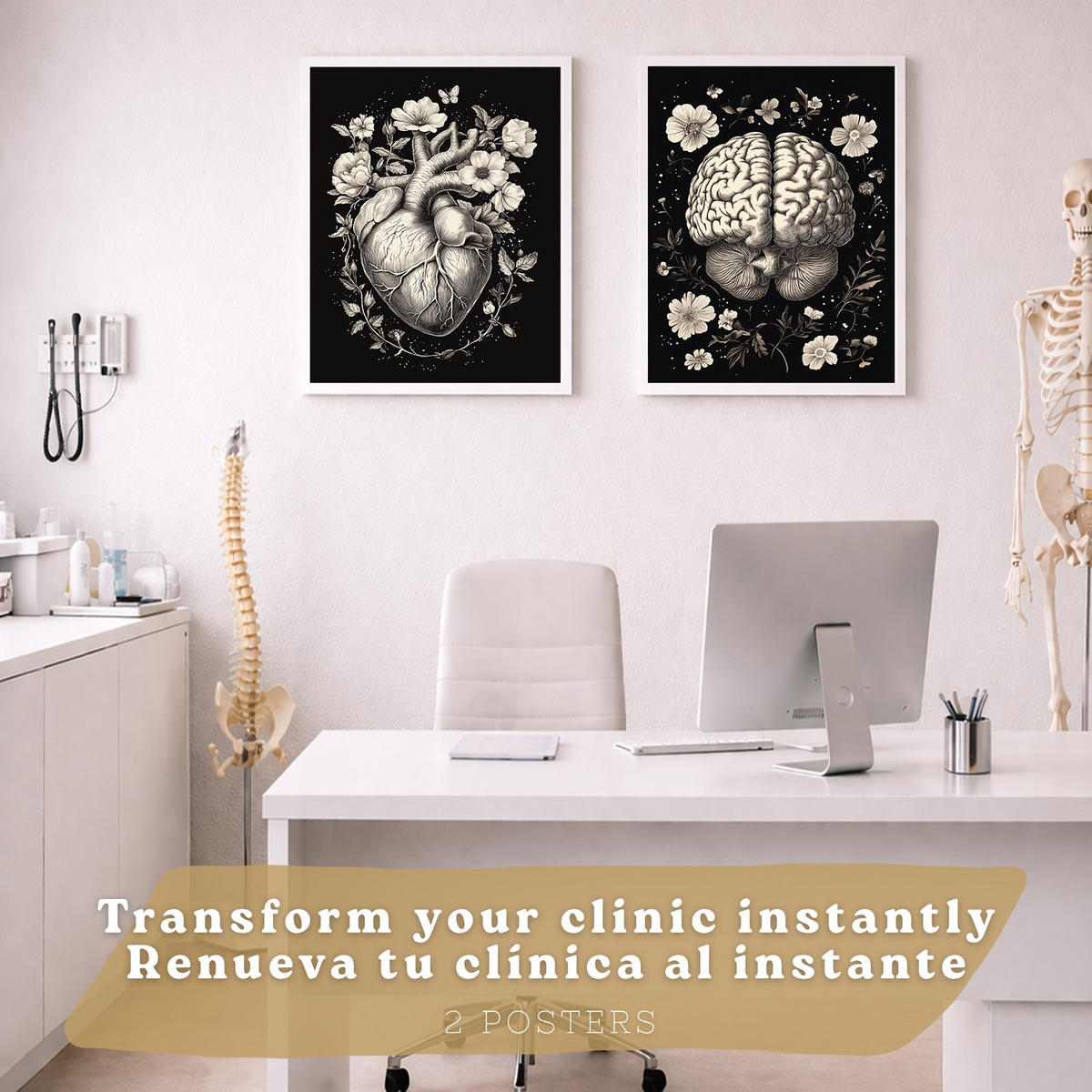 POSTER Set aus 2 Anatomie Mensch Drucke und Wandbilder mit Gehirn und Herz Monochromes Florales Design Schwarzer Hintergrund Größe Weißer Rahmen A4 - Weiß, Papier (21/29.7/3cm) - Nacnic