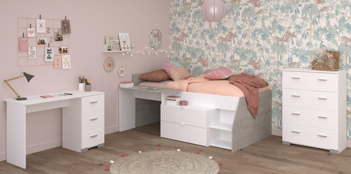 KINDERZIMMER weiß, grau, Komplett-Set mit Stauraumbett, Kommode, Schreibtisch - Silberfarben/Weiß, Holzwerkstoff/Kunststoff (135/106/203cm) - Parisot Meuble