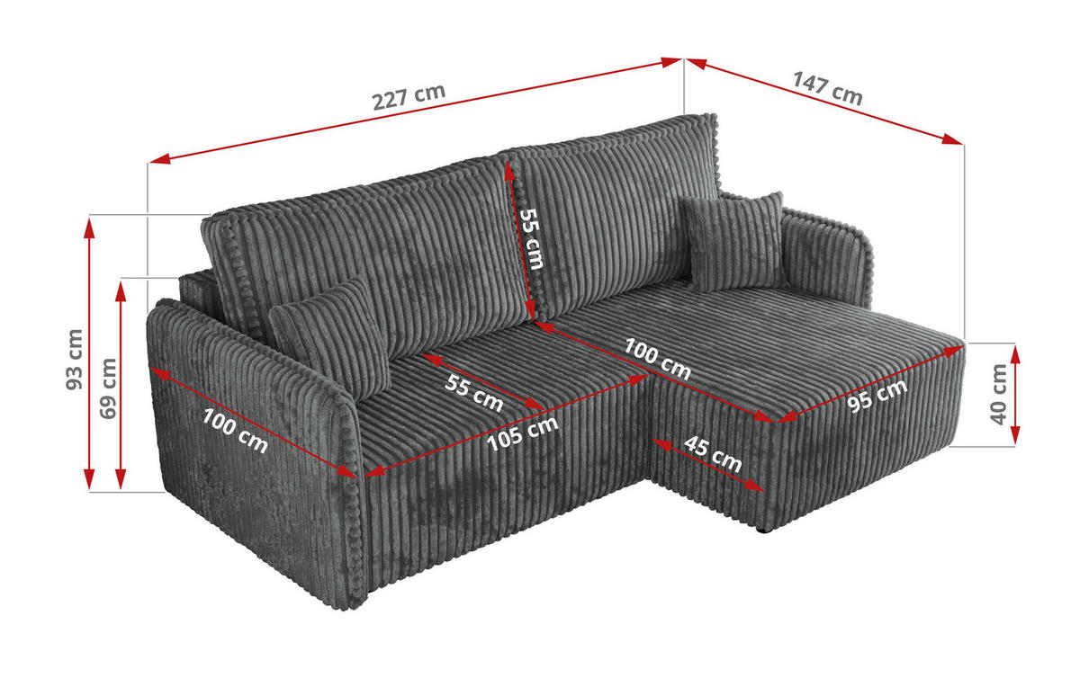 ECKSCHLAFSOFA MESTO L Dunkelgrau Cord - links - Dunkelgrau/Schwarz, Kunststoff/Textil (227/147cm) - MKS