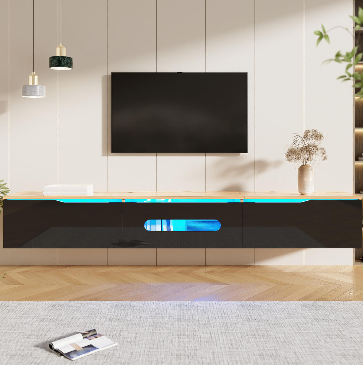 LOWBOARD in Schwarz und Naturfarben TV Schrank mit 16-Farben LED-Beleuchtung, wandmontierbar, B180/T35/H30cm - Schwarz/Naturfarben, Holzwerkstoff (180/30/35cm) - STILVORA