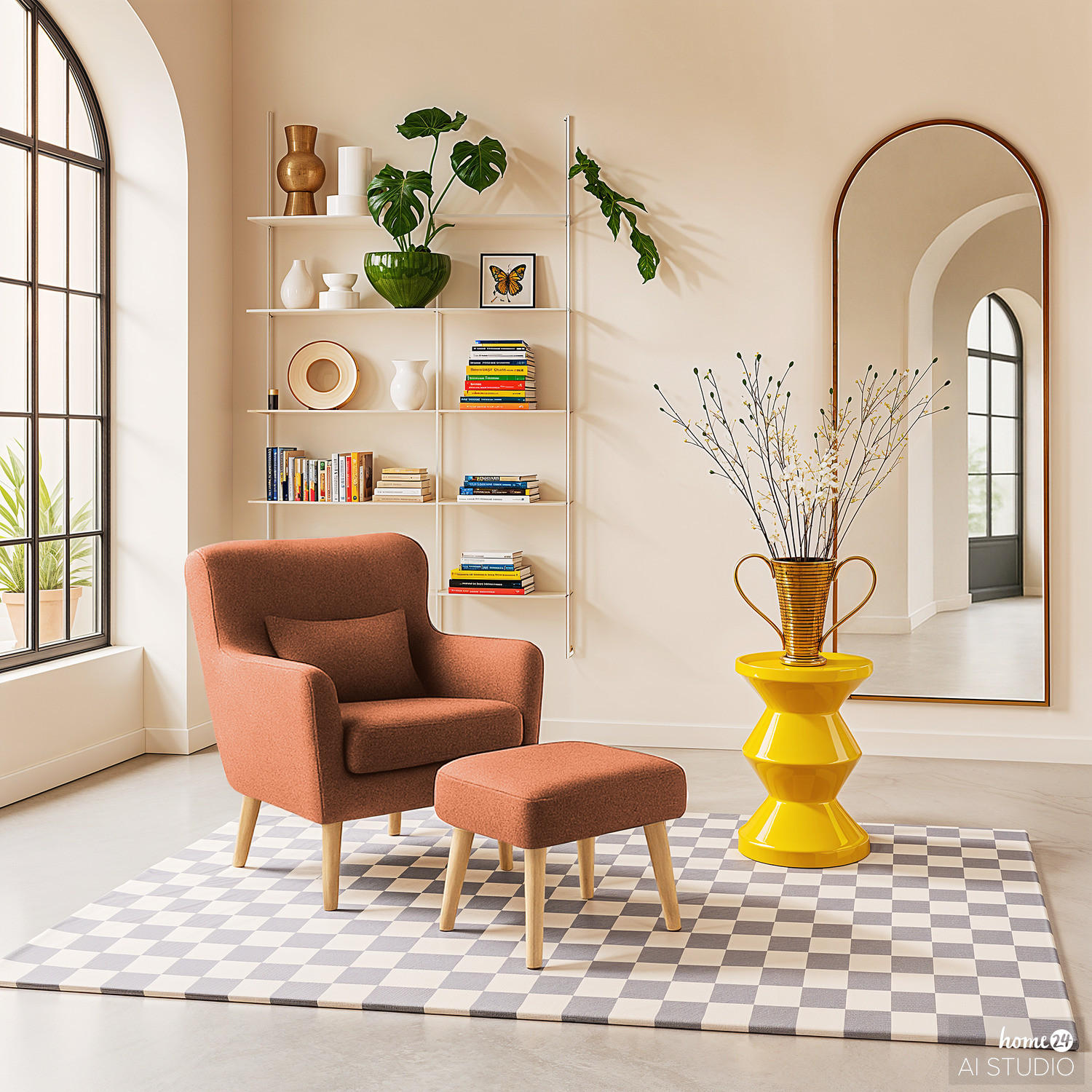 SESSEL mit Hocker - Terracotta, Birkenholz/Textil (75/96/78cm) - home24