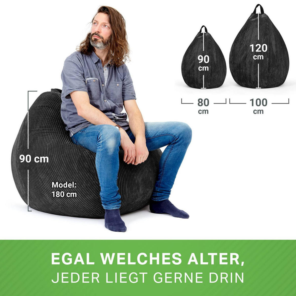 SITZSACK Indoor "Scoop" 90x110cm - Cord - Schwarz, Textil (90/110/90cm) - Green Bean