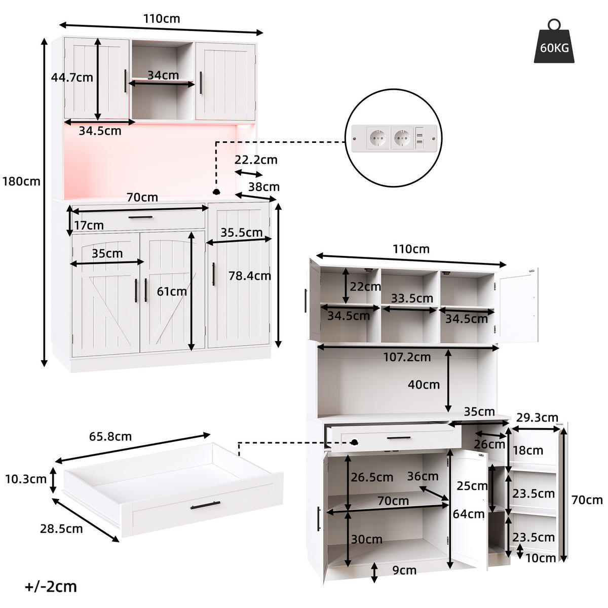 GESCHIRRSCHRANK aus MDF & Metall 110x38x180 cm in Weiß mit LED & Steckdosenleiste - Weiß, Holzwerkstoff (110/180/38cm) - Modfu