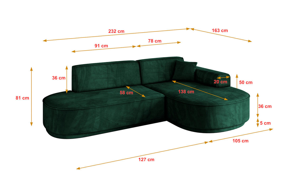 ECKSOFA Ottomane Rechts MARI-L1-v3 - 232x163x81 cm Grün Velours - Schwarz/Grün, Holzwerkstoff/Kunststoff (232/163cm) - ALTDECOR
