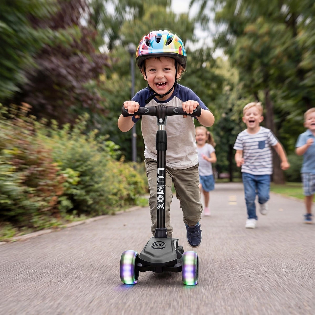 KINDERROLLER Lumox höhenverstellbarer Lenker inkl. Leuchtränder schwarz - Schwarz, Metall (59/28/81cm) - Juskys