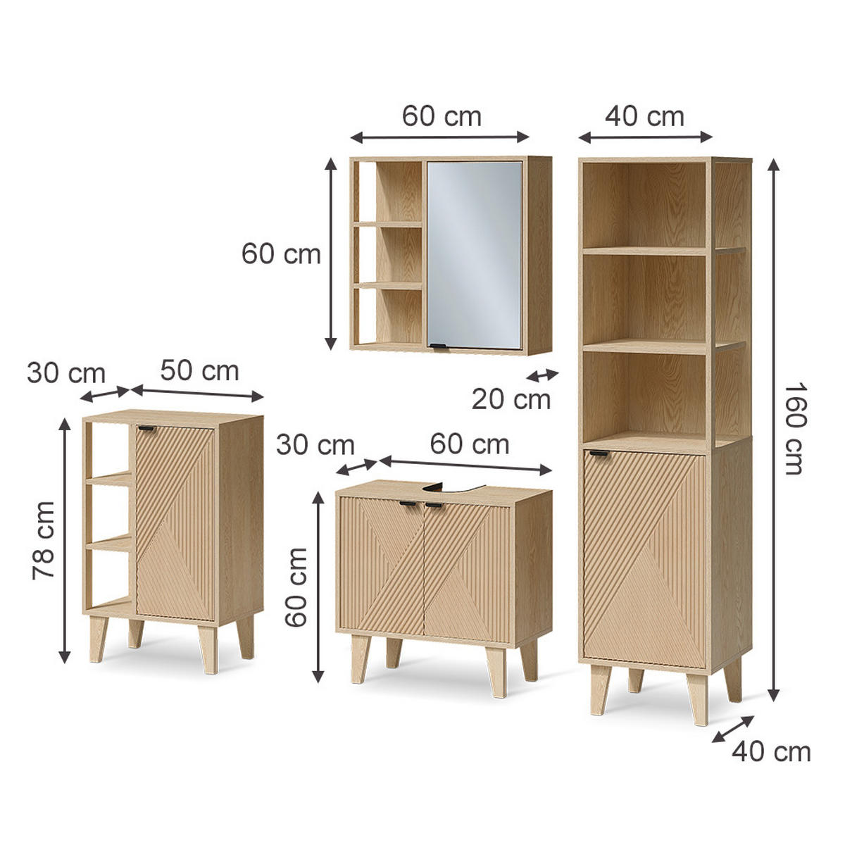 BADMÖBEL-SET Arven, Eiche, 4-er Set - Eichefarben, Holzwerkstoff (60/60/30cm) - Vicco