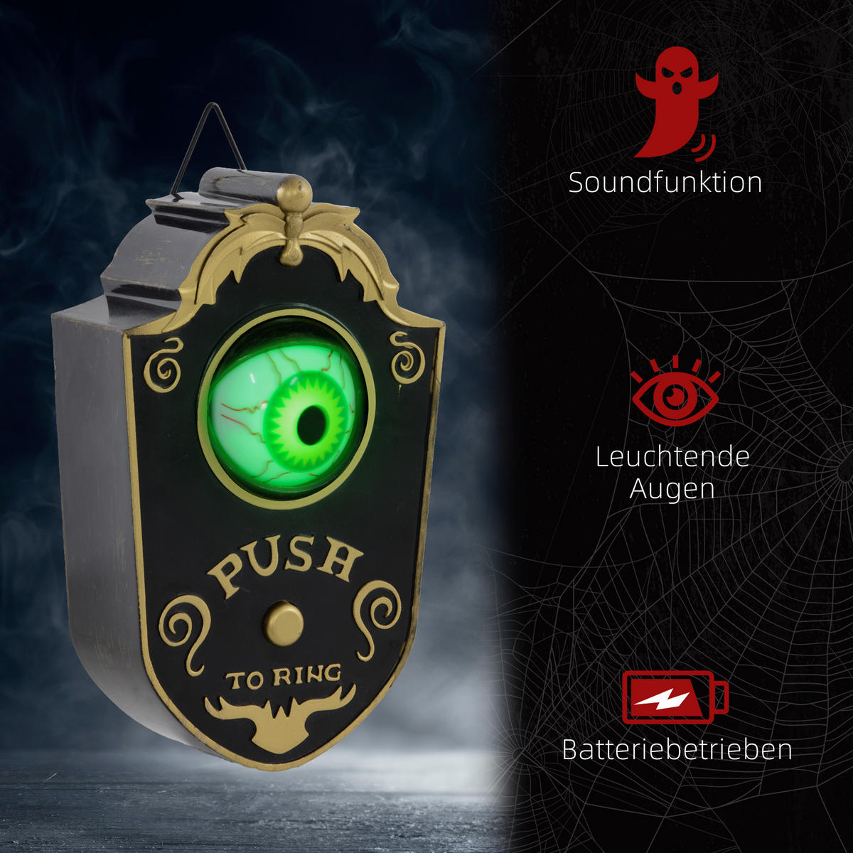 HALLOWEEN DECORATIONS Türklingel Dekoration mit LED-Lichter, Soundfunktion, 18cm - Schwarz, Kunststoff (11/18/5cm) - HOMCOM