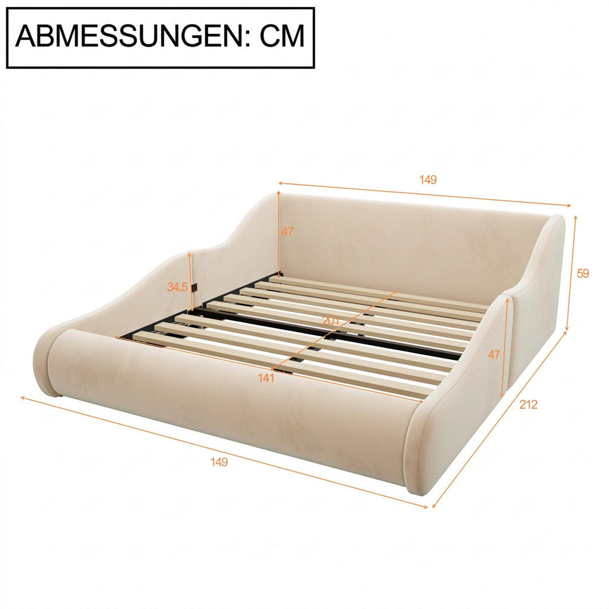 POLSTERBETT 140/200 cm Beige mit hohem Kopfteil und Seitenschutzgittern - Beige, Holz/Textil (140/200cm) - Oxeza