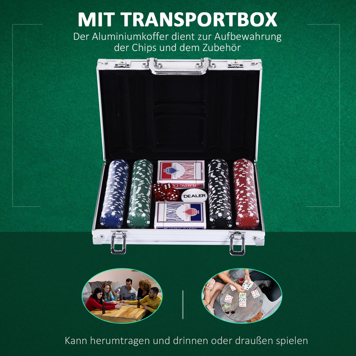 POKERKOFFER DE-10715 200 Chips mit 2 Kartendecks & 5 Würfeln Silber - Multicolor, Kunststoff (20.5/29.5cm) - ComfortXL