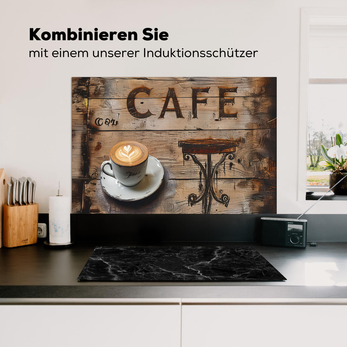 SPRITZSCHUTZ KÜCHE Cafe - Holz - Kaffee - Regale 80x55 cm - Schwarz, Metall (80/0.3/55cm) - MuchoWow
