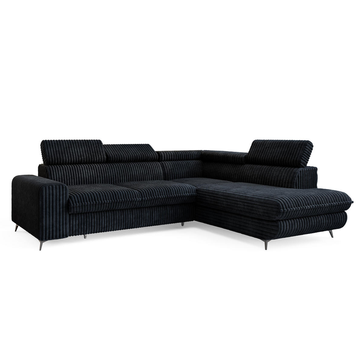 ECKSOFA VELISS Schwarz Kordstoff mit Schlaffunktion - Schwarz, Holz (255/193cm) - MASSENO