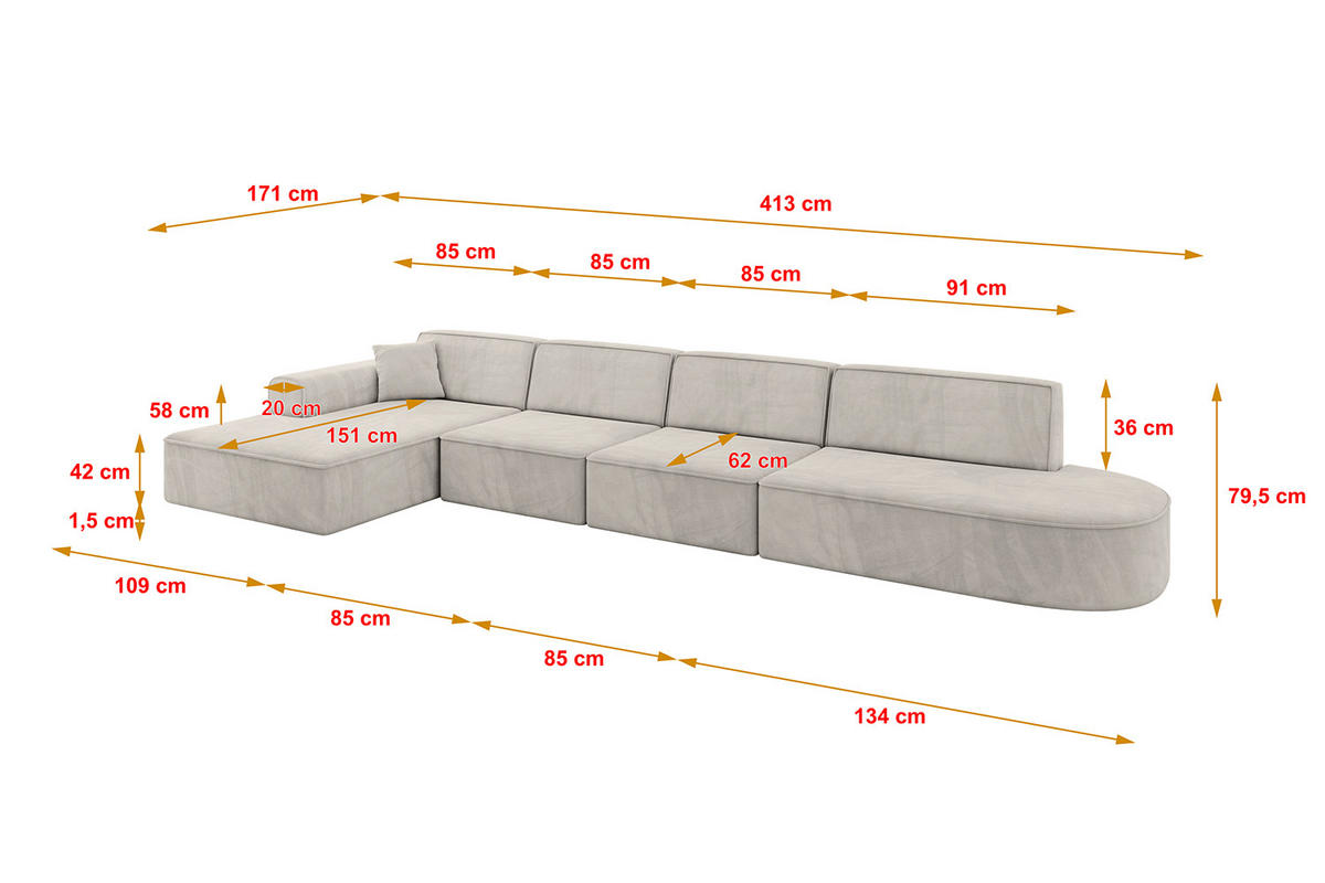 ECKSOFA Ottomane Links IREA-L3-v3 - 413x171x79 cm Hellbraun - Hellbraun, Holzwerkstoff/Textil (413/171cm) - ALTDECOR