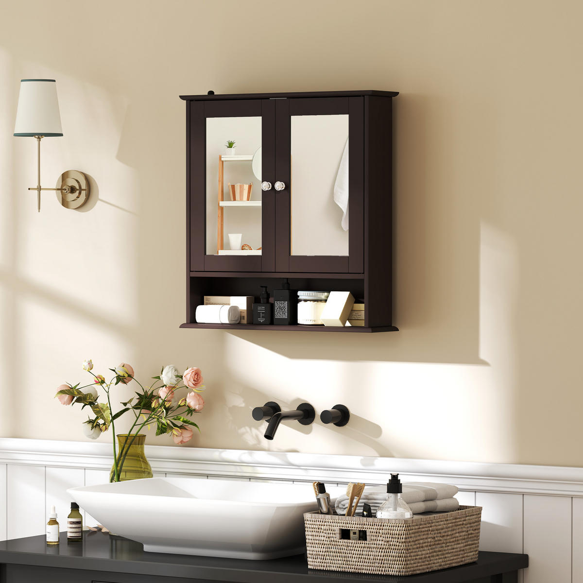 SPIEGELSCHRANK, Wandschrank mit 2 Türen, verstellbarem Einlegeboden, 56 x 13 x 58 cm ,Dunkelbraun - Dunkelbraun, Glas (56/58/13cm) - Vallsero