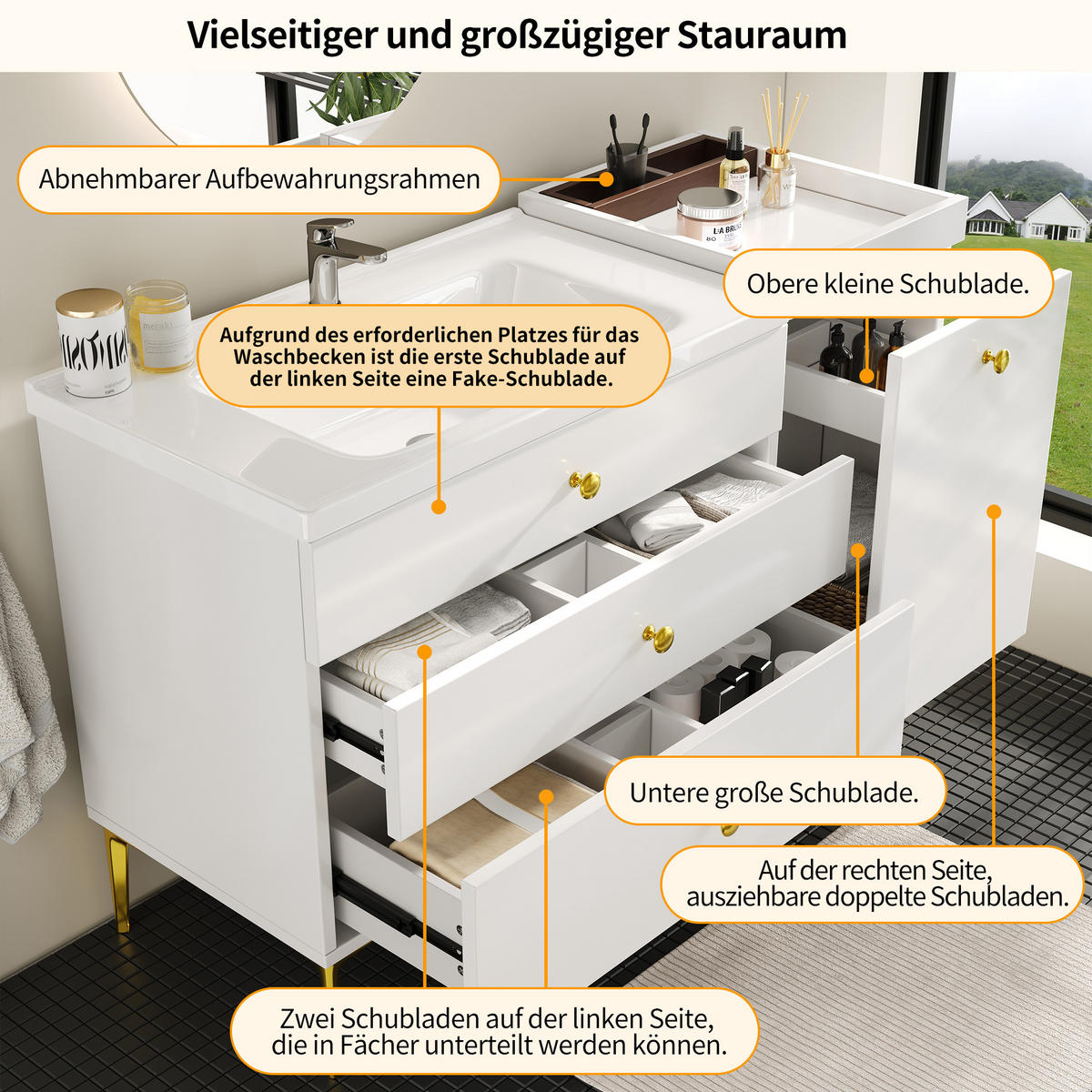 BADEZIMMERSCHRANK Weiß Gold Keramik Waschbecken Schubladen - Weiß, Holzwerkstoff (120/80/47.5cm) - FLIEKS
