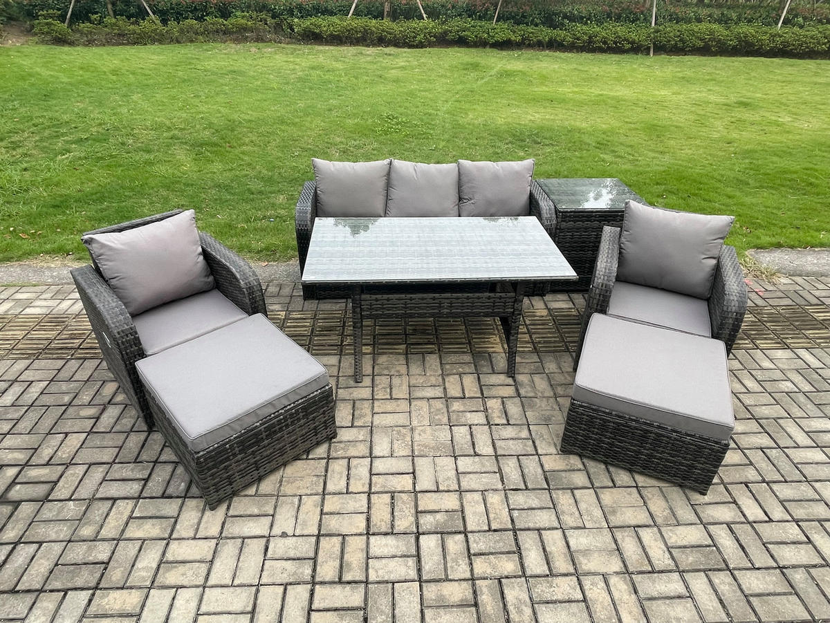 GARTENSET mit 3-Sitzer-Sofa,Hockern,Esstisch Polyrattan 7-Sitzer - Dunkelgrau/Grau, Glas/Kunststoff - Fimous