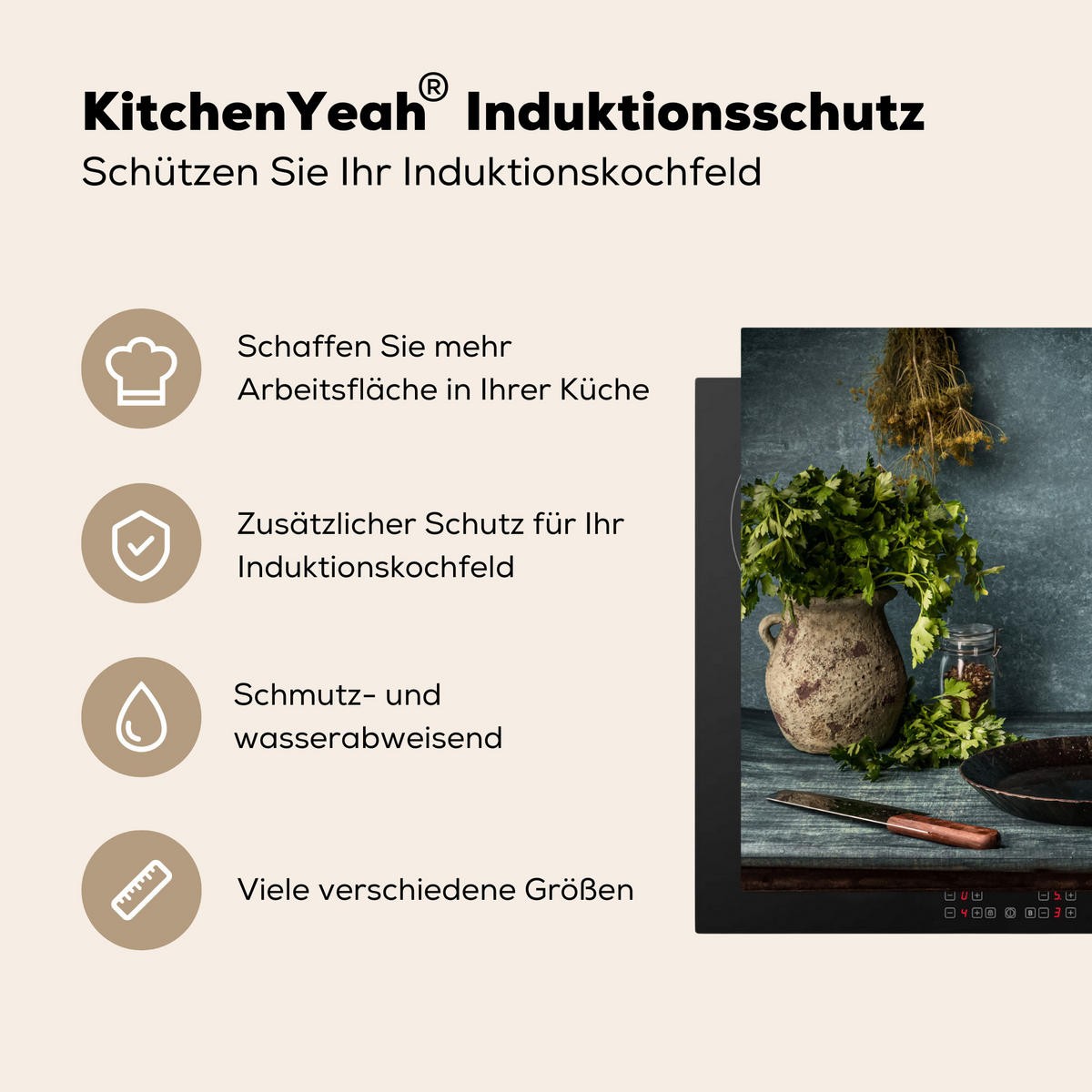 HERABDECKPLATTE - Kräuter - Gewürze - Pfanne - Messer - Grau - Rustikal - 65x55 - Petrol, Kunststoff (65/55/0.2cm) - MuchoWow