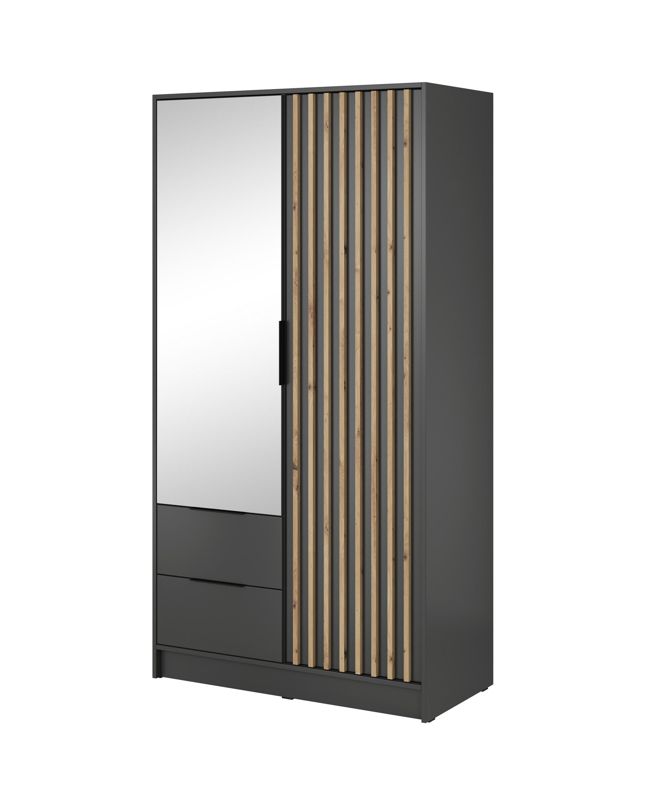 KLEIDERSCHRANK Nelly Graphit, Artisan Eiche Lamellen, Schrank Zweitürige, Garderobe mit Spiegel - Graphitfarben, Holzwerkstoff (105/200/51cm) - Bettso